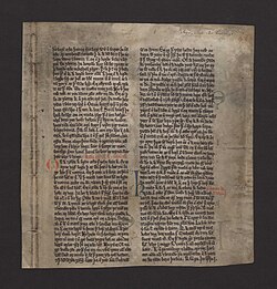 One of two surviving pages of an early version of the Heimskringla known as the "Kringla leaf", which is kept in the National and University Library of Iceland. The text is part of Óláfs saga helga.[63]