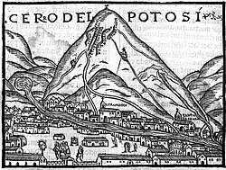 Cerro Rico del Potosi, the first image of silver mountain in Europe. Pedro Cieza de León, 1553.