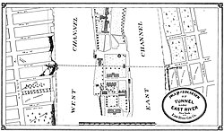 Map showing the route of the tunnel across both channels of the East River