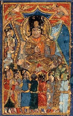 Ruler in Turkic military dress: long braids, sharbush fur hat, boots, close-fitting coat.[1] Maqamat by Al-Hariri of Basra (1054–1122), a high government official of the Seljuks. Mesopotamia, 1237 copy.[1]