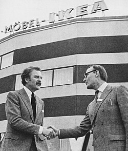 IKEA founder Ingvar Kamprad (right) shakes hands with Hans Ax, IKEA's first store manager, in 1965