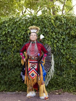 A Koyukon man in intertribal powwow regalia
