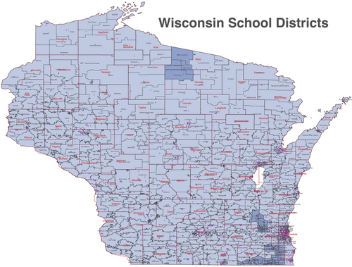 Wisconsin School Districts. Black lines are school district boundaries, red lines are county lines, and the dots are public school locations.