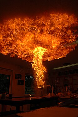 Laboratory simulation of a chip pan fire: a beaker containing wax is heated until it catches fire. A small amount of water is then poured into the beaker. The water vaporizes instantly (slopover), ejecting a plume of burning liquid wax into the air.