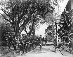 USS Boston's landing force on duty at the Arlington Hotel, Honolulu, at the time of the overthrow, January 1893.[32]