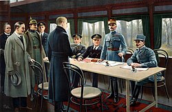 A painting depicting the signing of the armistice. Behind the table are Rear-admiral George Hope, Admiral Rosslyn Wemyss, Marshal Ferdinand Foch and General Maxime Weygand. In front of the table are Erzberger, Generalmajor Detlof von Winterfeldt, Alfred von Oberndorff and Ernst Vanselow. Behind them stands Captain Jack Marriot.