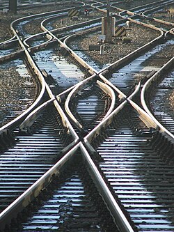 A double switch, or double slip—the points are set to connect the upper left and lower right tracks.
