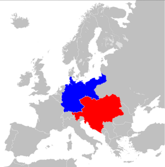 The Dual Alliance in 1914, Germany in blue and Austria-Hungary in red
