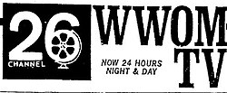 WWOM-TV's logo from 1969, showing its attempt to broadcast 24 hours a day, from The Times-Picayune.