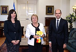 Chilean president Michelle Bachelet with Zincha, the 2015 Copa América mascot.