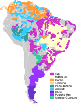 Main language families of South America (other than Aimaran, Mapudungun, and Quechuan, which expanded after the Spanish conquest).