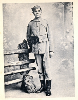 Photograph of Nehru dressed in a cadet uniform