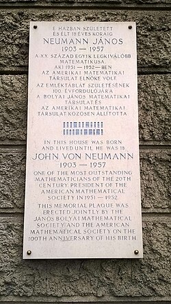 Von Neumann's memorial plaque on the wall of his birthplace in Budapest, 5th district Báthory u. 26.