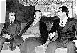 A meeting of Mohammad Reza Pahlavi, Houari Boumédiène, and Saddam Hussein (left to right) during the Algiers Agreement in 1975