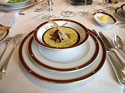 An instance of the elevated and elaborate presentation standards typical of French haute cuisine