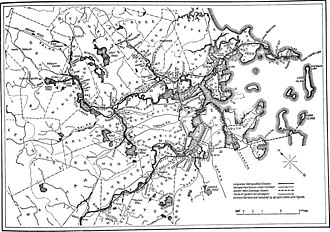 A black and white map of Boston with many textual labels