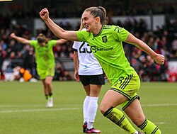 Bøe Risa playing for Manchester United against Lewes in 2023.