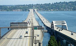 The twin floating bridge across Lake Washington, with the express lanes in the center