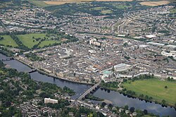 Three of the four bridges that cross the Tay at Perth. Right to left: Perth Bridge, Queen's Bridge and the Tay Viaduct.