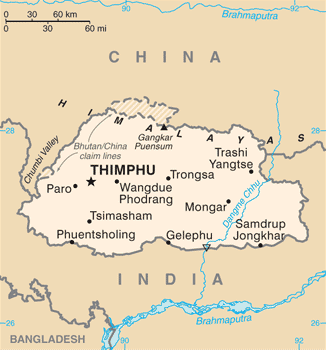 A map of Bhutan showing its borders with China and India as of 2015