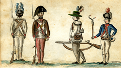1781 illustration of Continental Army soldiers during the Yorktown campaign, including a black infantryman (on the far left) from the 1st Rhode Island Regiment, one of the regiments in the Continental Army with the largest number of black patriot soldiers. An estimated four percent of the Continental Army were black.