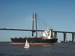 Wood chips carrier Racer on the Paraná River, just coming under the Rosario-Victoria Bridge