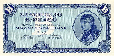 100 quintillion (1020) pengő, the largest denomination bill ever issued, Hungary, 1946. 1 sextillion pengő notes were printed but never issued.