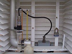 The interior of a Stevenson screen showing a motorized psychrometer