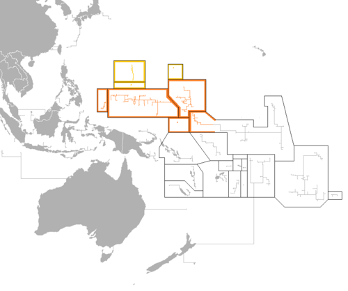 Outline of sovereign (dark orange) and dependent islands (bright orange)