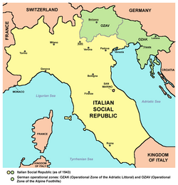 Italian Social Republic (RSI) as of 1943 German military operational zones (OZAV/OZAK) under direct German administration