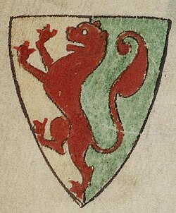 Depiction by Matthew Paris (d.1259) of the arms of William Marshal, 1st Earl of Pembroke (1194–1219): Party per pale or and vert, overall a lion rampant gules