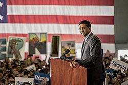 Campaign co-chair Ro Khanna speaks at a rally for Sanders in San Jose, California