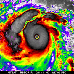 Animated enhanced infrared satellite loop of Typhoon Haiyan from peak intensity to landfall in the Philippines