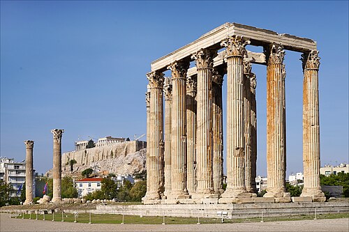 The Temple of Olympian Zeus in Athens, construction started by Athenian tyrants in the 6th century BC and completed by Roman Emperor Hadrian in the 2nd century AD
