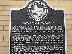 Texas Historical Commission marker for Temple Daily Telegram