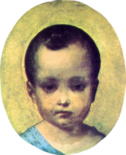 Framed oval head and shoulders portrait of an infant boy