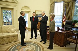 U.S. President George W. Bush meets with the leadership of the Southern Baptist Convention in 2006 in the Oval Office at the White House. Pictured with the President are Morris Chapman, left, Frank Page and his wife Dayle Page.