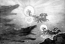 Sól, the Sun, and Máni, the Moon, are chased by the wolves Sköll and Háti in The Wolves Pursuing Sol and Mani by J. C. Dollman (1909).