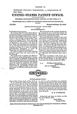 Trademark for Universal Moving Pictures, September 12, 1916