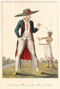 A Dutch plantation owner and female slave from William Blake's illustrations of the work of John Gabriel Stedman, published in 1792–1794.