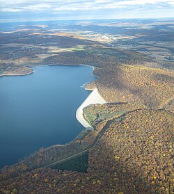 Merrill Creek Dam and Reservoir from the air.