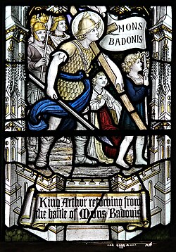 King Arthur returning from the Battle of Mons Badonis (or Mount Badon). First reference to Arthur, found in early Welsh literature. Stained glass in Llandaff Cathedral, Cardiff.