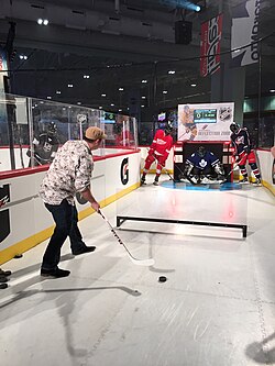 An NHL fan exhibit, where guests attempt to deflect the puck in order to score.