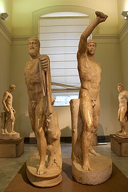 A sculptural pairing of Harmodius and Aristogeiton, who became known as the tyrannicides after they killed Hipparchus and were the preeminent symbol of Athenian democracy