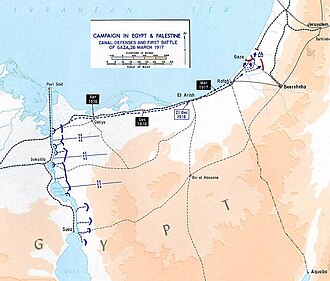 Assault on Gaza 1917 showing Suez Canal defences and lines of communication across the Sinai Peninsula