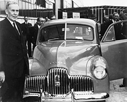 Prime Minister Ben Chifley at the launching of the Holden 48-215 on 29 November 1948