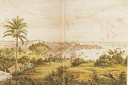 A lithograph by Vincent Brooks of Singapore City in 1865 from the former Mount Wallich