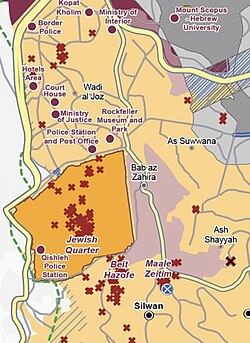 UN map showing a series of Israeli "Inner Settlements" – each represented as red crosses – with clusters in the Old City, to the south adjacent to the City of David (shown as "Beit Hazofe" (בית הצופה, "Observation House")) and Ma'ale HaZeitim, and to the north around Shimon HaTzadik.