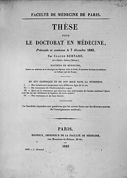 The cover of the thesis presented by Claude Bernard to obtain his Doctorate of Medicine (1843)