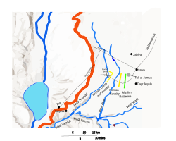 Topographical and strategic map of the Battle of Yarmouk (636 AD), depicting key locations, Roman and Muslim troop positions, roads, rivers, and terrain features. Based on historical sources, including Syvänne (2019), Kaegi (1992), and GIS data.